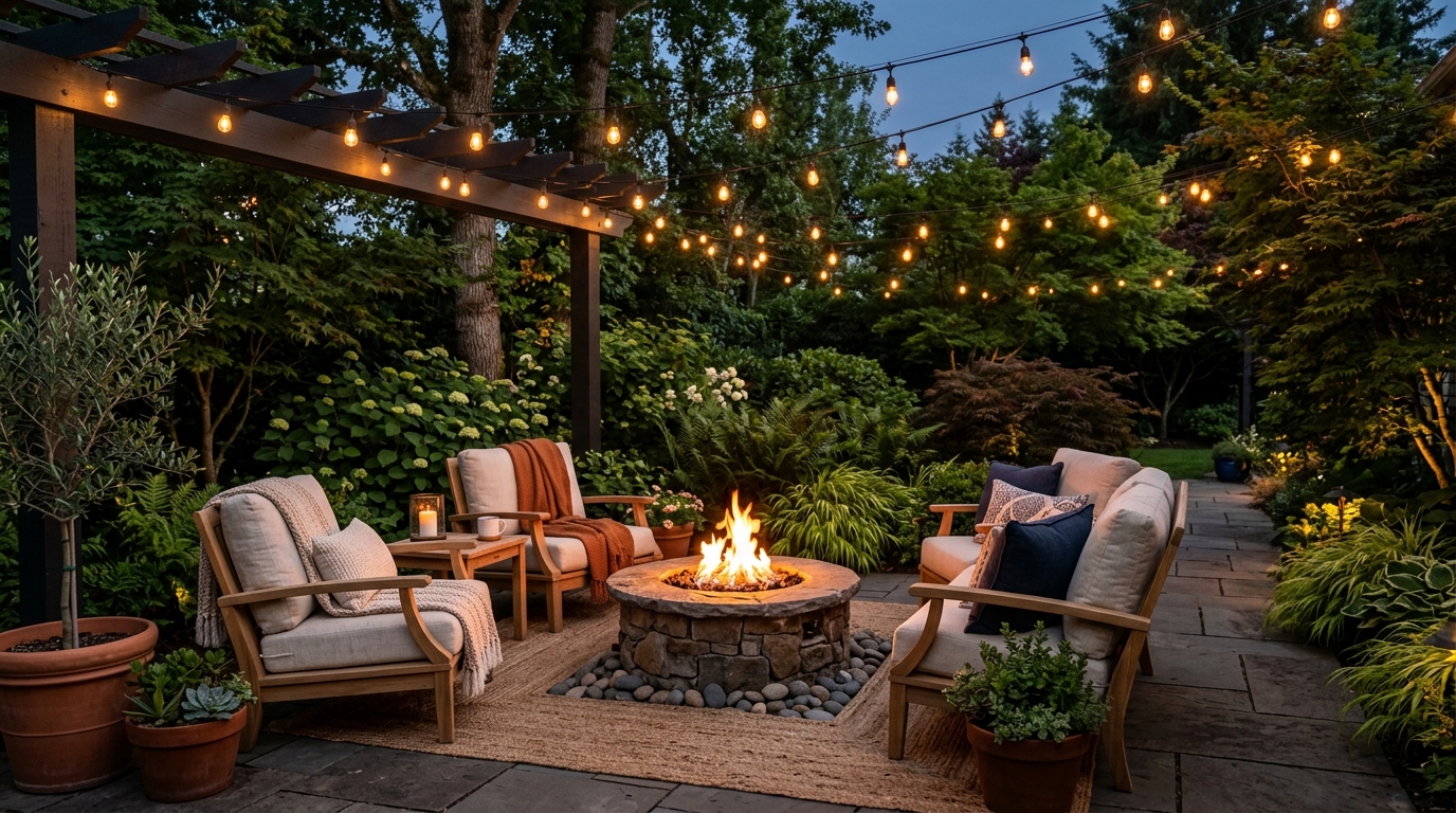 Cozy outdoor patio with warm string lights