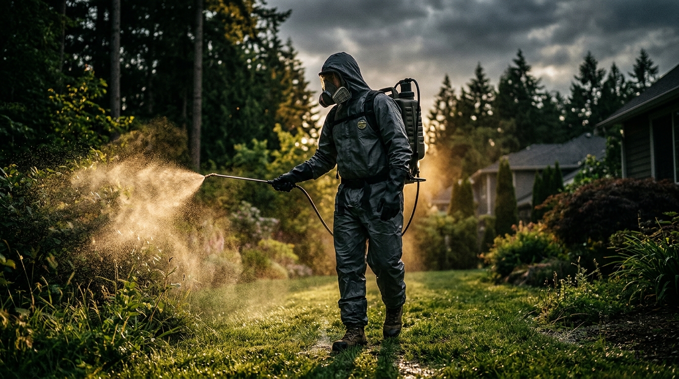 Professional pest control technician treating a yard