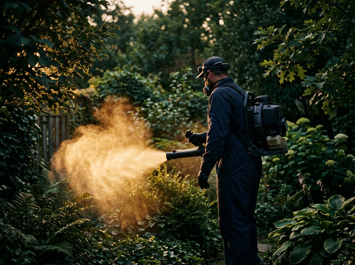 Mosquito treatment spray in a backyard at dusk